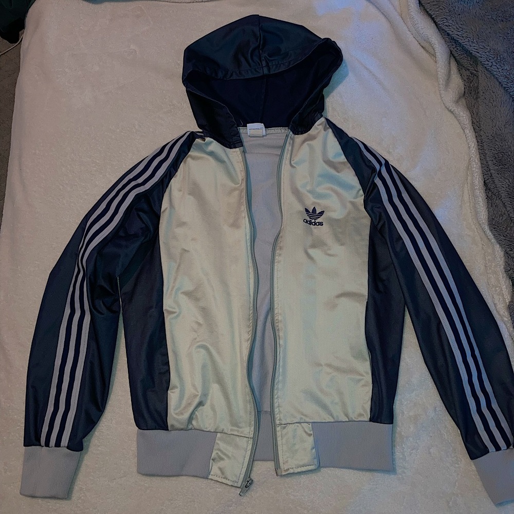 small navy blue + white adidas jacket
